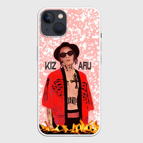 Чехол для iPhone 13 с принтом KIZARU в Новосибирске,  |  | death in a cloak | explosion | haunted family lettering | haunted family print | kizaru | rapper | tattoos | белые кляксы | взрыв | кизару | надпись haunted family | певец | принт haunted family | розовый | рэпер | татуировки |