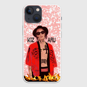 Чехол для iPhone 13 mini с принтом KIZARU в Новосибирске,  |  | death in a cloak | explosion | haunted family lettering | haunted family print | kizaru | rapper | tattoos | белые кляксы | взрыв | кизару | надпись haunted family | певец | принт haunted family | розовый | рэпер | татуировки |