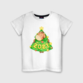 Детская футболка хлопок с принтом Год быка 2021 Елочка-бычок в Новосибирске, 100% хлопок | круглый вырез горловины, полуприлегающий силуэт, длина до линии бедер | Тематика изображения на принте: 