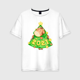 Женская футболка хлопок Oversize с принтом Год быка 2021 Елочка-бычок в Новосибирске, 100% хлопок | свободный крой, круглый ворот, спущенный рукав, длина до линии бедер
 | Тематика изображения на принте: 