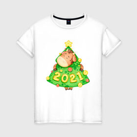 Женская футболка хлопок с принтом Год быка 2021 Елочка-бычок в Новосибирске, 100% хлопок | прямой крой, круглый вырез горловины, длина до линии бедер, слегка спущенное плечо | Тематика изображения на принте: 