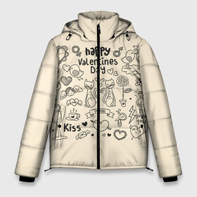 Мужская зимняя куртка 3D с принтом Happy Valentines day в Новосибирске, верх — 100% полиэстер; подкладка — 100% полиэстер; утеплитель — 100% полиэстер | длина ниже бедра, свободный силуэт Оверсайз. Есть воротник-стойка, отстегивающийся капюшон и ветрозащитная планка. 

Боковые карманы с листочкой на кнопках и внутренний карман на молнии. | angel | arrow | birds | butterfly | coffee | couple | diamond | flower | heart | kiss | letter | ring | valentine | ангел | бабочка | бриллиант | валентинка | кольцо | кофе | парочка | письмо | поцелуй | птицы | сердце | стрела | цветок