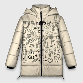 Женская зимняя куртка 3D с принтом Happy Valentines day в Новосибирске, верх — 100% полиэстер; подкладка — 100% полиэстер; утеплитель — 100% полиэстер | длина ниже бедра, силуэт Оверсайз. Есть воротник-стойка, отстегивающийся капюшон и ветрозащитная планка. 

Боковые карманы с листочкой на кнопках и внутренний карман на молнии | Тематика изображения на принте: angel | arrow | birds | butterfly | coffee | couple | diamond | flower | heart | kiss | letter | ring | valentine | ангел | бабочка | бриллиант | валентинка | кольцо | кофе | парочка | письмо | поцелуй | птицы | сердце | стрела | цветок
