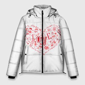 Мужская зимняя куртка 3D с принтом Сердце для любимой в Новосибирске, верх — 100% полиэстер; подкладка — 100% полиэстер; утеплитель — 100% полиэстер | длина ниже бедра, свободный силуэт Оверсайз. Есть воротник-стойка, отстегивающийся капюшон и ветрозащитная планка. 

Боковые карманы с листочкой на кнопках и внутренний карман на молнии. | Тематика изображения на принте: ball | bird | castle | cat | cloud | couple | cupid | diamond | flower | heart | letter | love | ring | бриллиант | замок | кольцо | кот | купидон | любовь | облако | пара | письмо | птица | сердце | цветок | шарик