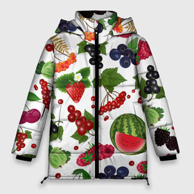 Женская зимняя куртка 3D с принтом Ягоды в Новосибирске, верх — 100% полиэстер; подкладка — 100% полиэстер; утеплитель — 100% полиэстер | длина ниже бедра, силуэт Оверсайз. Есть воротник-стойка, отстегивающийся капюшон и ветрозащитная планка. 

Боковые карманы с листочкой на кнопках и внутренний карман на молнии | арбуз | белый фон | вишня | вкуснятина | калина | клубника | коллекция ягод | крыжовник | лето | малина | огород | рябина | сладкие | смородина | спелые | черника | ягодный фон | ягоды