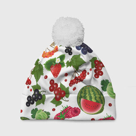 Шапка 3D c помпоном с принтом Ягоды в Новосибирске, 100% полиэстер | универсальный размер, печать по всей поверхности изделия | арбуз | белый фон | вишня | вкуснятина | калина | клубника | коллекция ягод | крыжовник | лето | малина | огород | рябина | сладкие | смородина | спелые | черника | ягодный фон | ягоды