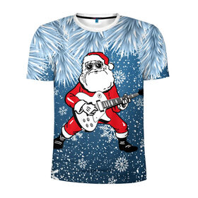 Мужская футболка 3D спортивная с принтом Дед Мороз Рокер в Новосибирске, 100% полиэстер с улучшенными характеристиками | приталенный силуэт, круглая горловина, широкие плечи, сужается к линии бедра | гитара | гитарист | год | дед | зима | зимний | клаус | метал | металл | мороз | музыка | музыкант | новый | рождество | рок | рокер | санта
