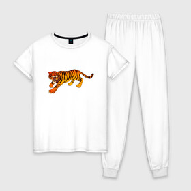 Женская пижама хлопок с принтом Тигр в Новосибирске, 100% хлопок | брюки и футболка прямого кроя, без карманов, на брюках мягкая резинка на поясе и по низу штанин | животные | звери | кошки | крупные | млекопитающее | ревущий | сердитый | тигр