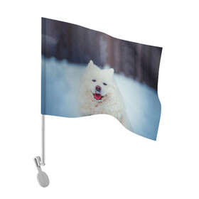 Флаг для автомобиля с принтом САМОЕД в Новосибирске, 100% полиэстер | Размер: 30*21 см | animals | dog | winter | домашние | друг | животные | звери | зима | лайка | пес | песель | природа | пушистый | самоед | собаки | собачка | хаски