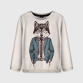 Детский лонгслив 3D с принтом ХИПСТЕР ВОЛК в Новосибирске, 100% полиэстер | длинные рукава, круглый вырез горловины, полуприлегающий силуэт
 | alter ego | always be yourself | be positive | big | fashion | fashion man | hipster | wolf | wolfs | волк | галстук | животные | пиджак | собака | хипстер | я есть стиль