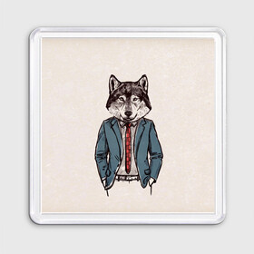 Магнит 55*55 с принтом ХИПСТЕР ВОЛК в Новосибирске, Пластик | Размер: 65*65 мм; Размер печати: 55*55 мм | alter ego | always be yourself | be positive | big | fashion | fashion man | hipster | wolf | wolfs | волк | галстук | животные | пиджак | собака | хипстер | я есть стиль