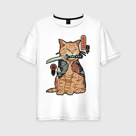 Женская футболка хлопок Oversize с принтом Кот самурай в Новосибирске, 100% хлопок | свободный крой, круглый ворот, спущенный рукав, длина до линии бедер
 | cat | иероглифы | кот | котэ | котяра | кошка | меч | ниндзя | самурай | япония