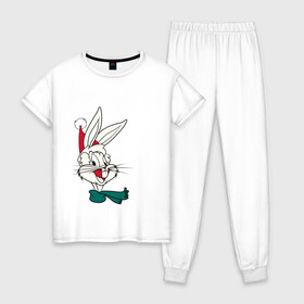 Женская пижама хлопок с принтом Bugs Bunny в Новосибирске, 100% хлопок | брюки и футболка прямого кроя, без карманов, на брюках мягкая резинка на поясе и по низу штанин | looney tunes | warner bros | багз банни | безумные мелодии | веселые мелодии | ворнер | луни тюнз | луни тюнс | мультяшки | новый год