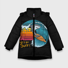 Зимняя куртка для девочек 3D с принтом Baby Shark Lets Surf в Новосибирске, ткань верха — 100% полиэстер; подклад — 100% полиэстер, утеплитель — 100% полиэстер. | длина ниже бедра, удлиненная спинка, воротник стойка и отстегивающийся капюшон. Есть боковые карманы с листочкой на кнопках, утяжки по низу изделия и внутренний карман на молнии. 

Предусмотрены светоотражающий принт на спинке, радужный светоотражающий элемент на пуллере молнии и на резинке для утяжки. | 