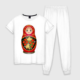 Женская пижама хлопок с принтом Матрешка Снегурка Хохлома в Новосибирске, 100% хлопок | брюки и футболка прямого кроя, без карманов, на брюках мягкая резинка на поясе и по низу штанин | 