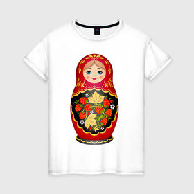 Женская футболка хлопок с принтом Матрешка Снегурка Хохлома в Новосибирске, 100% хлопок | прямой крой, круглый вырез горловины, длина до линии бедер, слегка спущенное плечо | 