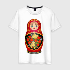 Мужская футболка хлопок с принтом Матрешка Снегурка Хохлома в Новосибирске, 100% хлопок | прямой крой, круглый вырез горловины, длина до линии бедер, слегка спущенное плечо. | 
