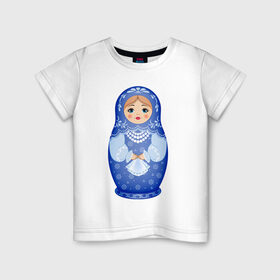 Детская футболка хлопок с принтом Матрешка Снегурка Гжель в Новосибирске, 100% хлопок | круглый вырез горловины, полуприлегающий силуэт, длина до линии бедер | 