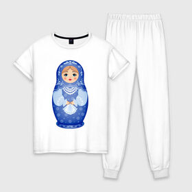 Женская пижама хлопок с принтом Матрешка Снегурка Гжель в Новосибирске, 100% хлопок | брюки и футболка прямого кроя, без карманов, на брюках мягкая резинка на поясе и по низу штанин | Тематика изображения на принте: 