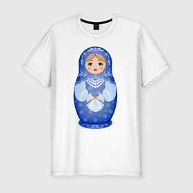 Мужская футболка хлопок Slim с принтом Матрешка Снегурка Гжель в Новосибирске, 92% хлопок, 8% лайкра | приталенный силуэт, круглый вырез ворота, длина до линии бедра, короткий рукав | 