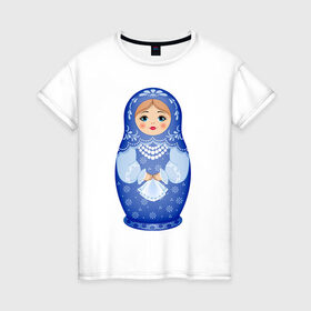 Женская футболка хлопок с принтом Матрешка Снегурка Гжель в Новосибирске, 100% хлопок | прямой крой, круглый вырез горловины, длина до линии бедер, слегка спущенное плечо | 
