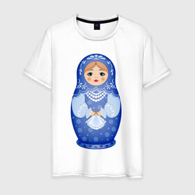 Мужская футболка хлопок с принтом Матрешка Снегурка Гжель в Новосибирске, 100% хлопок | прямой крой, круглый вырез горловины, длина до линии бедер, слегка спущенное плечо. | Тематика изображения на принте: 