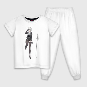 Детская пижама хлопок с принтом 2B в костюме в Новосибирске, 100% хлопок |  брюки и футболка прямого кроя, без карманов, на брюках мягкая резинка на поясе и по низу штанин
 | 2b | 2в | nier automata | nier: automata | арт | катана | рисунок | холодное оружие