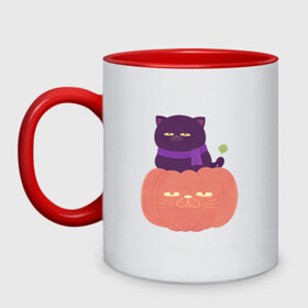 Кружка двухцветная с принтом Хеллоуиновский кот в Новосибирске, керамика | объем — 330 мл, диаметр — 80 мм. Цветная ручка и кайма сверху, в некоторых цветах — вся внутренняя часть | арт | ведьма | кот | кошка | рисунок | сладость чупа чупс | тыква | хеллоуин | хэллоуин | чёрная кошка | чёрный кот | шарф