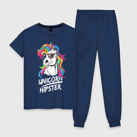 Женская пижама хлопок с принтом Unicorn hipster в Новосибирске, 100% хлопок | брюки и футболка прямого кроя, без карманов, на брюках мягкая резинка на поясе и по низу штанин | color | cool | eyes | fashion | hipster | horn | hype | mane | muzzle | unicorn | глаза | грива | единорог | круто | мода | очки | рог | хайп | хипстер | цвет