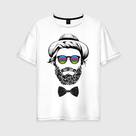 Женская футболка хлопок Oversize с принтом Hipster в Новосибирске, 100% хлопок | свободный крой, круглый ворот, спущенный рукав, длина до линии бедер
 | beard | butterfly | cool | dude | face | fashion | guy | hat | hipster | hype | moustache | бабочка | борода | круто | лицо | мода | очки | парень | усы | хайп | хипстер | чувак | шляпа