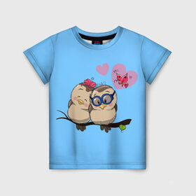 Детская футболка 3D с принтом Влюблённые пташки в Новосибирске, 100% гипоаллергенный полиэфир | прямой крой, круглый вырез горловины, длина до линии бедер, чуть спущенное плечо, ткань немного тянется | влюблённые птички. | воробушки | любовь | птицы | сердечки
