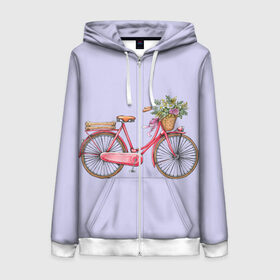 Женская толстовка 3D на молнии с принтом Bicycle в Новосибирске, 100% полиэстер | длина до линии бедра, манжеты и пояс оформлены мягкой тканевой резинкой, двухслойный капюшон со шнурком для регулировки, спереди молния, по бокам два кармана | букет | велосипед | лето | цветы