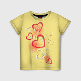 Детская футболка 3D с принтом Сердечки в лимонаде. в Новосибирске, 100% гипоаллергенный полиэфир | прямой крой, круглый вырез горловины, длина до линии бедер, чуть спущенное плечо, ткань немного тянется | Тематика изображения на принте: 