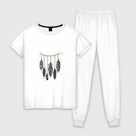 Женская пижама хлопок с принтом Dream hunters в Новосибирске, 100% хлопок | брюки и футболка прямого кроя, без карманов, на брюках мягкая резинка на поясе и по низу штанин | картинка | ловец | перья | рисунок | сны
