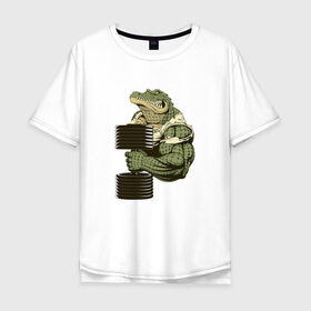 Мужская футболка хлопок Oversize с принтом Крокодил в Новосибирске, 100% хлопок | свободный крой, круглый ворот, “спинка” длиннее передней части | злой крокодил | крокодил | крокодил с гантелей | мускулистый крокодил | сильный крокодил