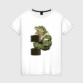 Женская футболка хлопок с принтом Крокодил в Новосибирске, 100% хлопок | прямой крой, круглый вырез горловины, длина до линии бедер, слегка спущенное плечо | злой крокодил | крокодил | крокодил с гантелей | мускулистый крокодил | сильный крокодил