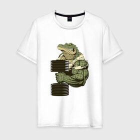Мужская футболка хлопок с принтом Крокодил в Новосибирске, 100% хлопок | прямой крой, круглый вырез горловины, длина до линии бедер, слегка спущенное плечо. | злой крокодил | крокодил | крокодил с гантелей | мускулистый крокодил | сильный крокодил