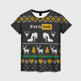 Женская футболка 3D с принтом Pornhub свитер с оленями в Новосибирске, 100% полиэфир ( синтетическое хлопкоподобное полотно) | прямой крой, круглый вырез горловины, длина до линии бедер | 2021 | knit | knitted | merch | new year | sweater | ugly sweater | вязанный | вязяный | зимний | лого | логотип | мерч | новый год | олени | рождественский | рождественский свитер | рождес