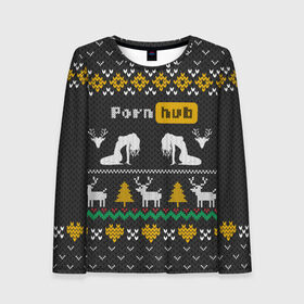 Женский лонгслив 3D с принтом Pornhub свитер с оленями в Новосибирске, 100% полиэстер | длинные рукава, круглый вырез горловины, полуприлегающий силуэт | 2021 | knit | knitted | merch | new year | sweater | ugly sweater | вязанный | вязяный | зимний | лого | логотип | мерч | новый год | олени | рождественский | рождественский свитер | рождес