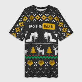 Платье-футболка 3D с принтом Pornhub свитер с оленями в Новосибирске,  |  | 2021 | knit | knitted | merch | new year | sweater | ugly sweater | вязанный | вязяный | зимний | лого | логотип | мерч | новый год | олени | рождественский | рождественский свитер | рождес