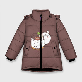 Зимняя куртка для девочек 3D с принтом моланг с пироженкой в Новосибирске, ткань верха — 100% полиэстер; подклад — 100% полиэстер, утеплитель — 100% полиэстер. | длина ниже бедра, удлиненная спинка, воротник стойка и отстегивающийся капюшон. Есть боковые карманы с листочкой на кнопках, утяжки по низу изделия и внутренний карман на молнии. 

Предусмотрены светоотражающий принт на спинке, радужный светоотражающий элемент на пуллере молнии и на резинке для утяжки. | еда | моланг | пирожное | сладости