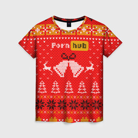 Женская футболка 3D с принтом Pornhub рождественский свитер в Новосибирске, 100% полиэфир ( синтетическое хлопкоподобное полотно) | прямой крой, круглый вырез горловины, длина до линии бедер | 2021 | christmas | knit | knitted | merch | new year | sweater | ugly sweater | вязанный | вязяный | зимний | лого | логотип | мерч | новый год | олени | рождественский | рождество