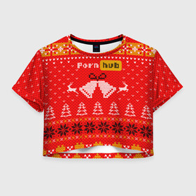 Женская футболка Crop-top 3D с принтом Pornhub рождественский свитер в Новосибирске, 100% полиэстер | круглая горловина, длина футболки до линии талии, рукава с отворотами | 2021 | christmas | knit | knitted | merch | new year | sweater | ugly sweater | вязанный | вязяный | зимний | лого | логотип | мерч | новый год | олени | рождественский | рождество