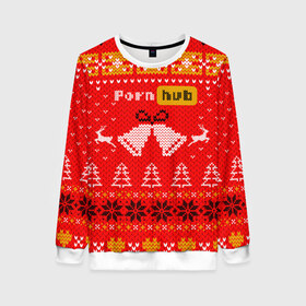 Женский свитшот 3D с принтом Pornhub рождественский свитер в Новосибирске, 100% полиэстер с мягким внутренним слоем | круглый вырез горловины, мягкая резинка на манжетах и поясе, свободная посадка по фигуре | 2021 | christmas | knit | knitted | merch | new year | sweater | ugly sweater | вязанный | вязяный | зимний | лого | логотип | мерч | новый год | олени | рождественский | рождество