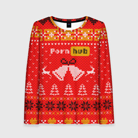 Женский лонгслив 3D с принтом Pornhub рождественский свитер в Новосибирске, 100% полиэстер | длинные рукава, круглый вырез горловины, полуприлегающий силуэт | 2021 | christmas | knit | knitted | merch | new year | sweater | ugly sweater | вязанный | вязяный | зимний | лого | логотип | мерч | новый год | олени | рождественский | рождество
