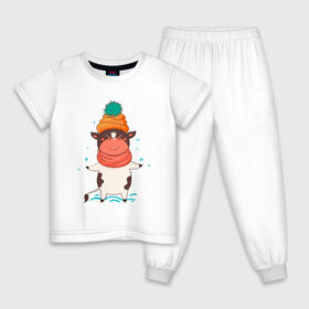 Детская пижама хлопок с принтом Довольный бык в Новосибирске, 100% хлопок |  брюки и футболка прямого кроя, без карманов, на брюках мягкая резинка на поясе и по низу штанин
 | Тематика изображения на принте: 