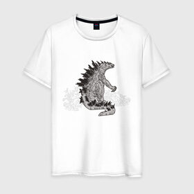 Мужская футболка хлопок с принтом Годзилла в Новосибирске, 100% хлопок | прямой крой, круглый вырез горловины, длина до линии бедер, слегка спущенное плечо. | гадзила | годзила | годзилла | динозавр | динозавры | дракон | драконы | фильм | фильмы | япония | японское