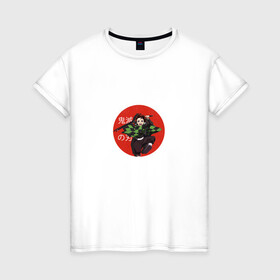 Женская футболка хлопок с принтом Demon Slayer в Новосибирске, 100% хлопок | прямой крой, круглый вырез горловины, длина до линии бедер, слегка спущенное плечо | anime | demon slayer | аниме | герой | демон | манга | мультик | мультфильм | надпись на японском | персонаж | танджиро камадо
