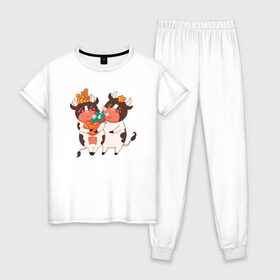 Женская пижама хлопок с принтом Влюбленные бычок и корова в Новосибирске, 100% хлопок | брюки и футболка прямого кроя, без карманов, на брюках мягкая резинка на поясе и по низу штанин | 