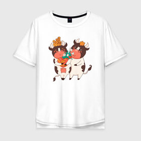 Мужская футболка хлопок Oversize с принтом Влюбленные бычок и корова в Новосибирске, 100% хлопок | свободный крой, круглый ворот, “спинка” длиннее передней части | 